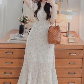 Puff-sleeve Crescent Print Midi A-line Dress