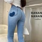 Heart Print Washed Flared Jeans