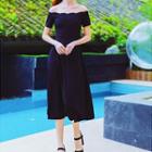 Scallop Edge Off-shoulder A-line Midi Dress