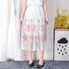 Embroidered Flower Mesh Inset Midi Accordion A-line Skirt