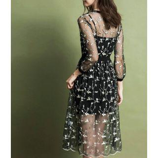 Set: 3/4-sleeve Embroidered Sheer Dress + Spaghetti-strap Dress Black - One Size