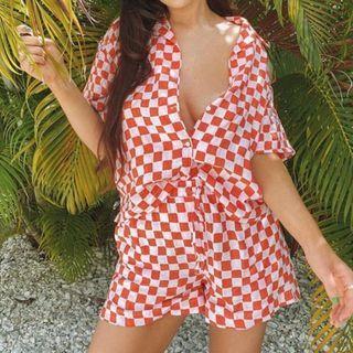 Set: Plaid Short-sleeve Shirt + Drawstring Shorts