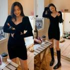 Long-sleeve Tie Accent Velvet Dress Black - One Size