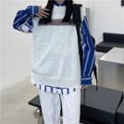 Print Knit Vest / Two Tone Striped Button-up Shirt / Set