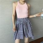 Knit Tank Top / Plaid A-line Mini Skirt