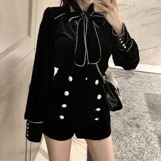 Long Sleeve Bow Accent Velvet Shirt / Double Breast High Waist Shorts