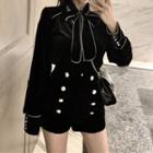 Long Sleeve Bow Accent Velvet Shirt / Double Breast High Waist Shorts