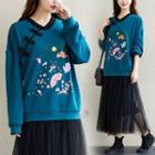 Frog-button Flower Print Sweatshirt