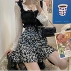Leopard Print Mini A-line Skirt / Long-sleeve Lace T-shirt / Ruffle Camisole Top
