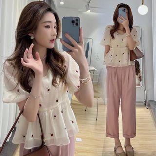 Puff-sleeve Floral Blouse / High Waist Wide Leg Pants / Set
