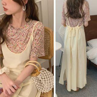 Short-sleeve Floral Print Top / Plain Sleeveless Dress