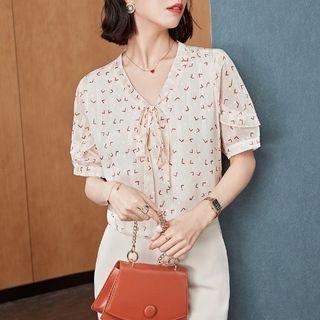 Short-sleeve Lace-up Print Blouse