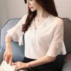 Embroidered Chiffon Elbow Sleeve Blouse