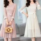 3/4-sleeve Tie-front A-line Lace Dress