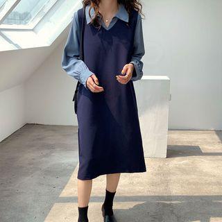 Set: Plain Shirt + V-neck Midi Pinafore Dress