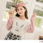 Contrast Long Sleeve Rabbit Embroidered Top