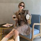 Ruffle Hem Floral Mini Dress / Faux-leather Sleeveless Jacket
