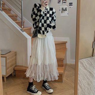 Plaid Cardigan / Mesh Overlay Skirt