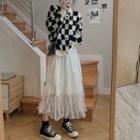 Plaid Cardigan / Mesh Overlay Skirt