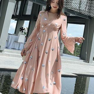 Print Bell-sleeve Midi A-line Dress