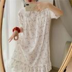 Floral Print Collared Elbow-sleeve Midi Sleep Dress As Shown In Figure - One Size