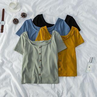 Button-front Short-sleeve Cropped Top