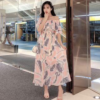 Printed Short-sleeve Maxi A-line Dress Blue - One Size