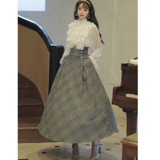 Ruffled Blouse / Plaid Maxi A-line Skirt