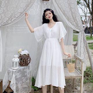 V-neck Lace Up Chiffon Midi Dress