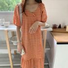 Plaid Ruffle Hem Short-sleeve Midi Dress Orange - One Size