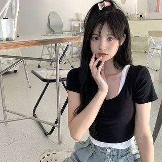 Mock Two-piece Short-sleeve Crop Top Black - One Size