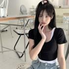 Mock Two-piece Short-sleeve Crop Top Black - One Size