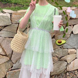 Set: Ruffled Top + Sleeveless Mesh Layered Dress