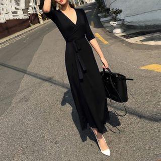 3/4-sleeve Midi Wrap Dress