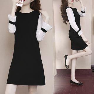 Long-sleeve Contrast-trim Panel Dress