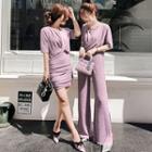 Set: Short-sleeve Twisted T-shirt + Mini Skirt / Wide-leg Pants
