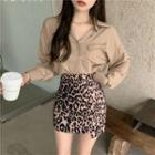 Long-sleeve Plain Shirt / Leopard Skirt