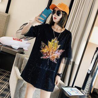 Mesh Panel Elbow-sleeve Maple Print T-shirt