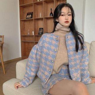 Houndstooth Coat / High-waist Houndstooth Skirt / Turtleneck Plain Sweater