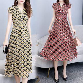 Fan Print Cap-sleeve A-line Midi Dress