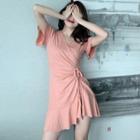 Glitter Ruffled-trim Drawstring Mini Dress