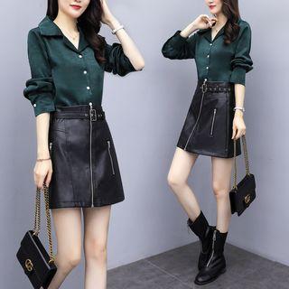 Set: Plain Shirt + Faux-leather A-line Skirt