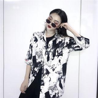 Elbow-sleeve Printed Shirt / Lettering Zip Jacket