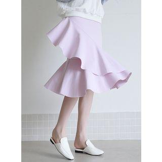 Hidden Band-waist Asymmetric-ruffle Midi Skirt