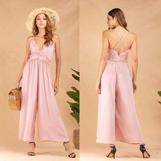 V-neck Ruffled Wide-leg Jumpsuit