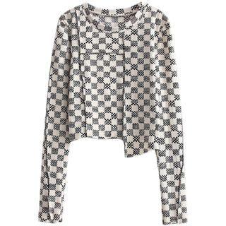 Long-sleeve Checkerboard Irregular Crop Top