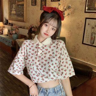 Cropped Floral Polo Shirt As Shown In Figure - One Size