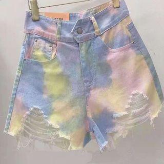 Tie-dyed Distressed Denim Shorts