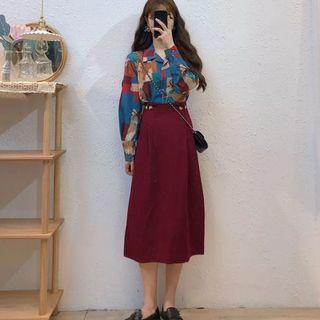 Color Block Print Shirt / Midi A-line Skirt / Set
