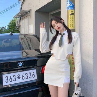 Tie-neck Crop Shirt / Mini Pencil Skirt / High Waist Straight Leg Pants